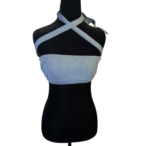 NWT WeWoreWhat Tie Halter Bra Top XS Wide Rib Storm Blue Cropped Crisscross $49 - Picture 2 of 6